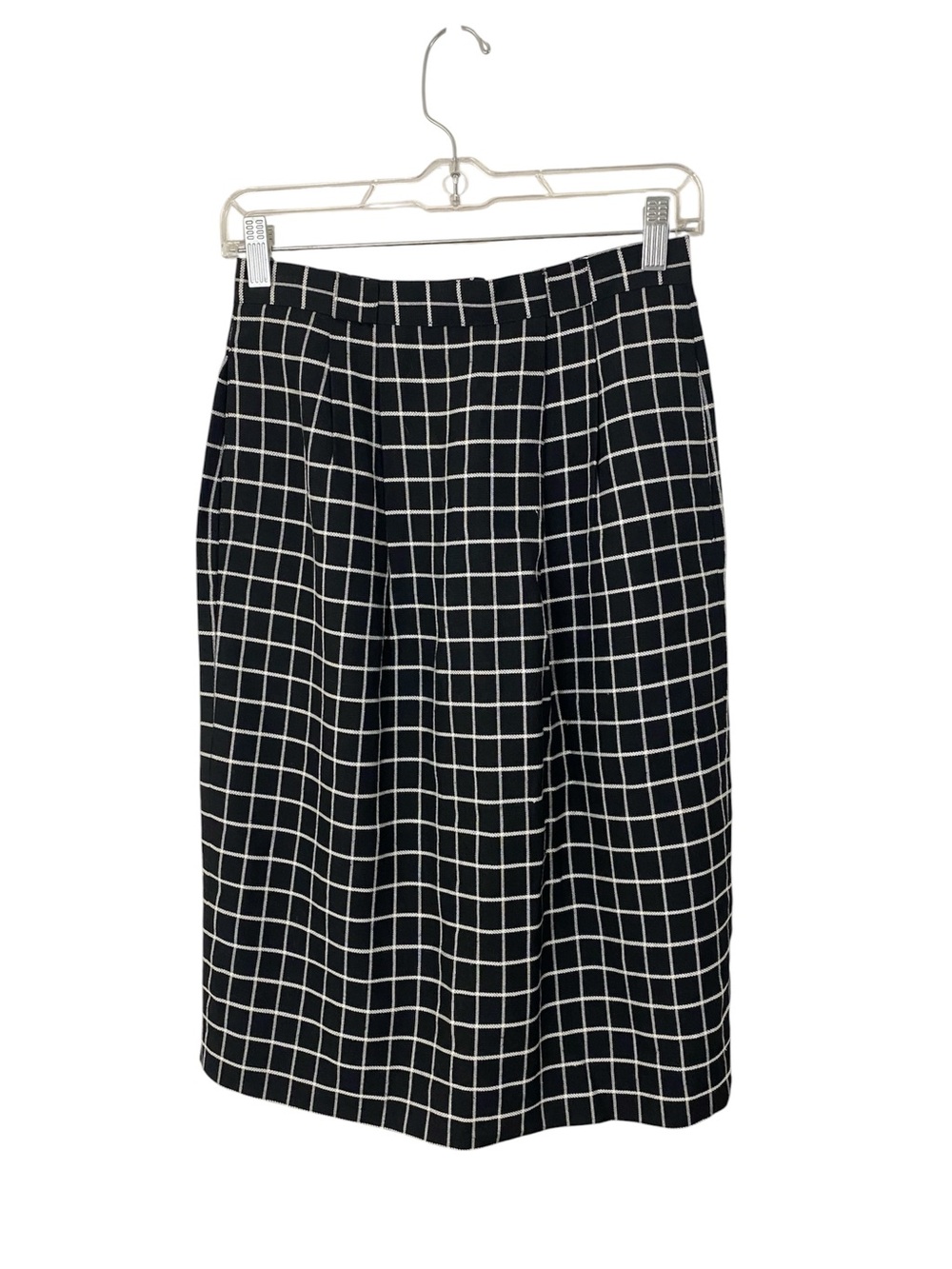Vintage Chaus Black White Grid Skirt Petite 8 Rayon Linen Kick Pleat